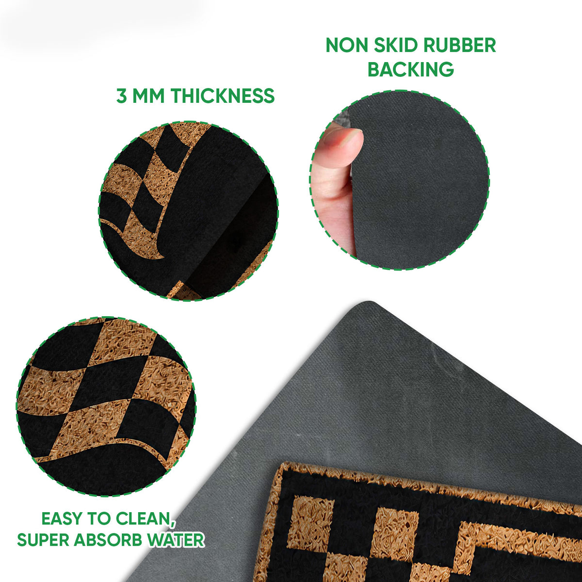 Close-up motocross doormat detail showing the printed checkered flag design, surface texture and backing