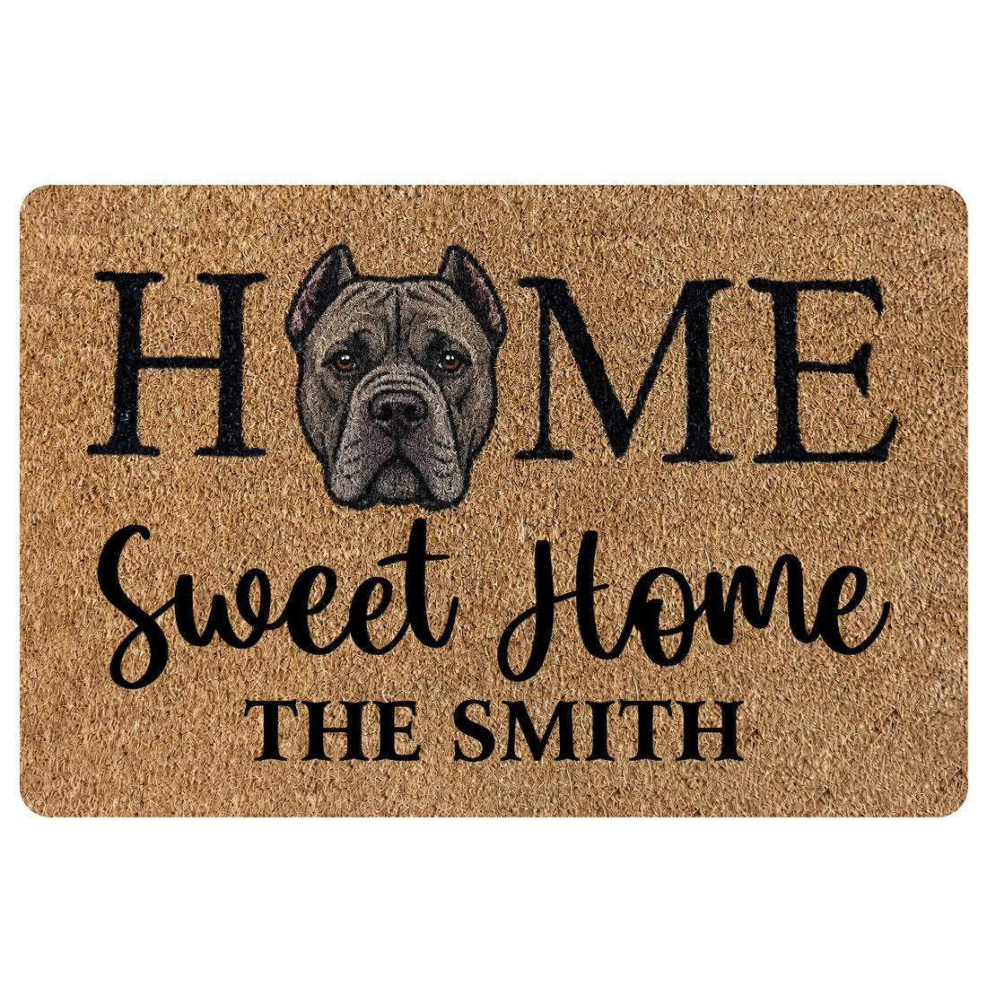 Cane Corso doormat with a realistic dark dog portrait, bold welcome lettering, and warm tan entryway artwork