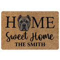Cane Corso doormat with a realistic dark dog portrait, bold welcome lettering, and warm tan entryway artwork