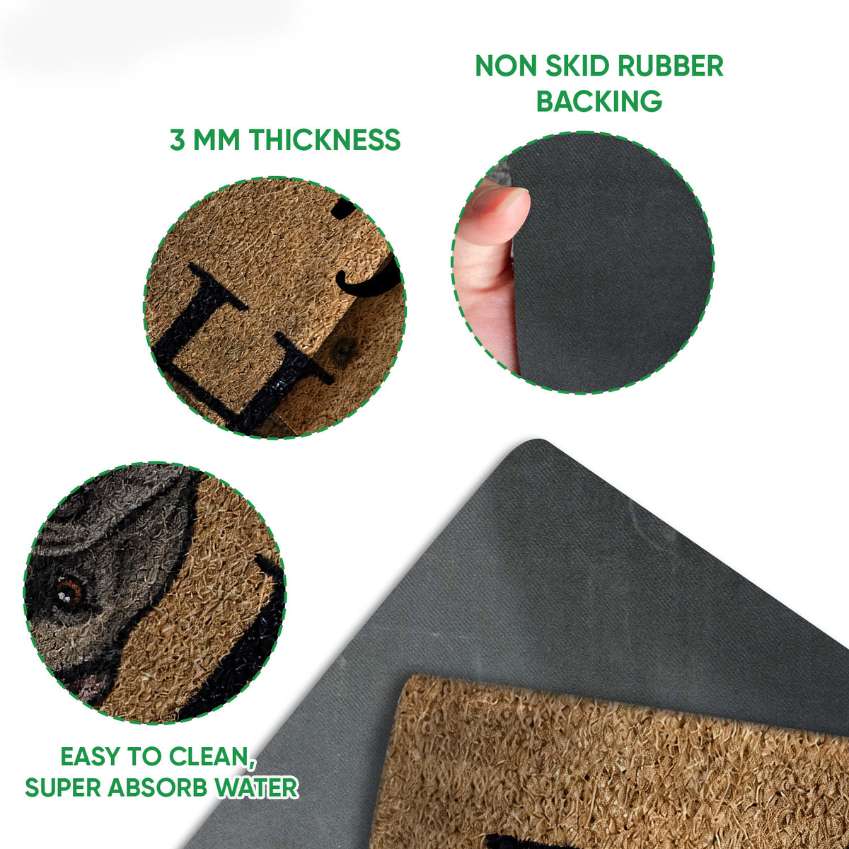 Close-up feature view of the Cane Corso doormat surface and dark rubber backing