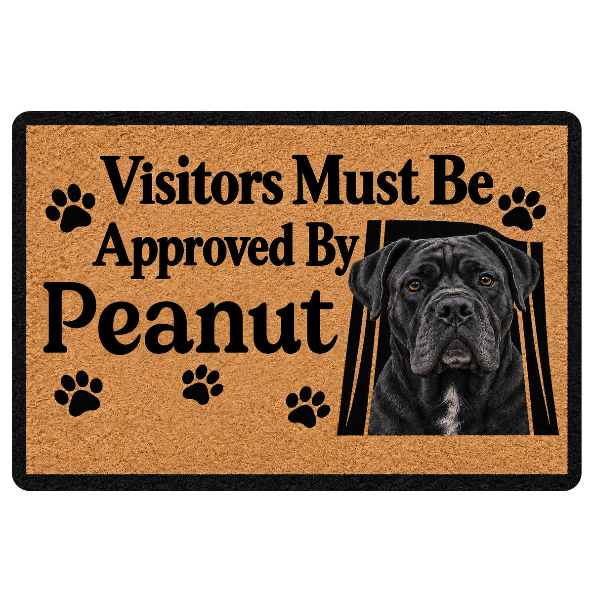 Cane Corso doormat with a black dog portrait, paw prints, and bold tan and black entryway artwork