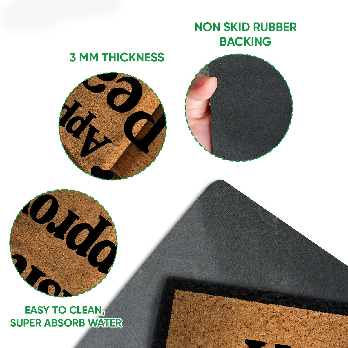 Feature view of the Cane Corso doormat showing its printed tan surface, black edge, and rubber backing