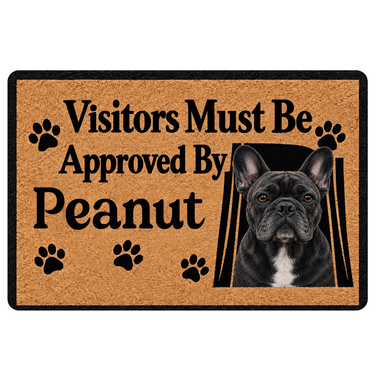 Tan French Bulldog doormat with black paw prints, bold welcome message, and portrait artwork