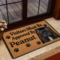 French Bulldog doormat styled inside a glass doorway with a warm tan and black design