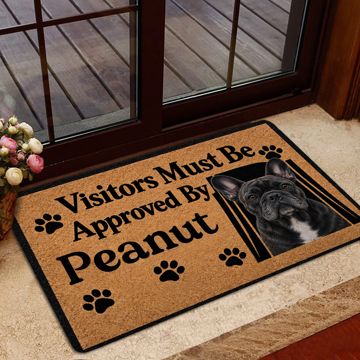 French Bulldog doormat styled inside a glass doorway with a warm tan and black design