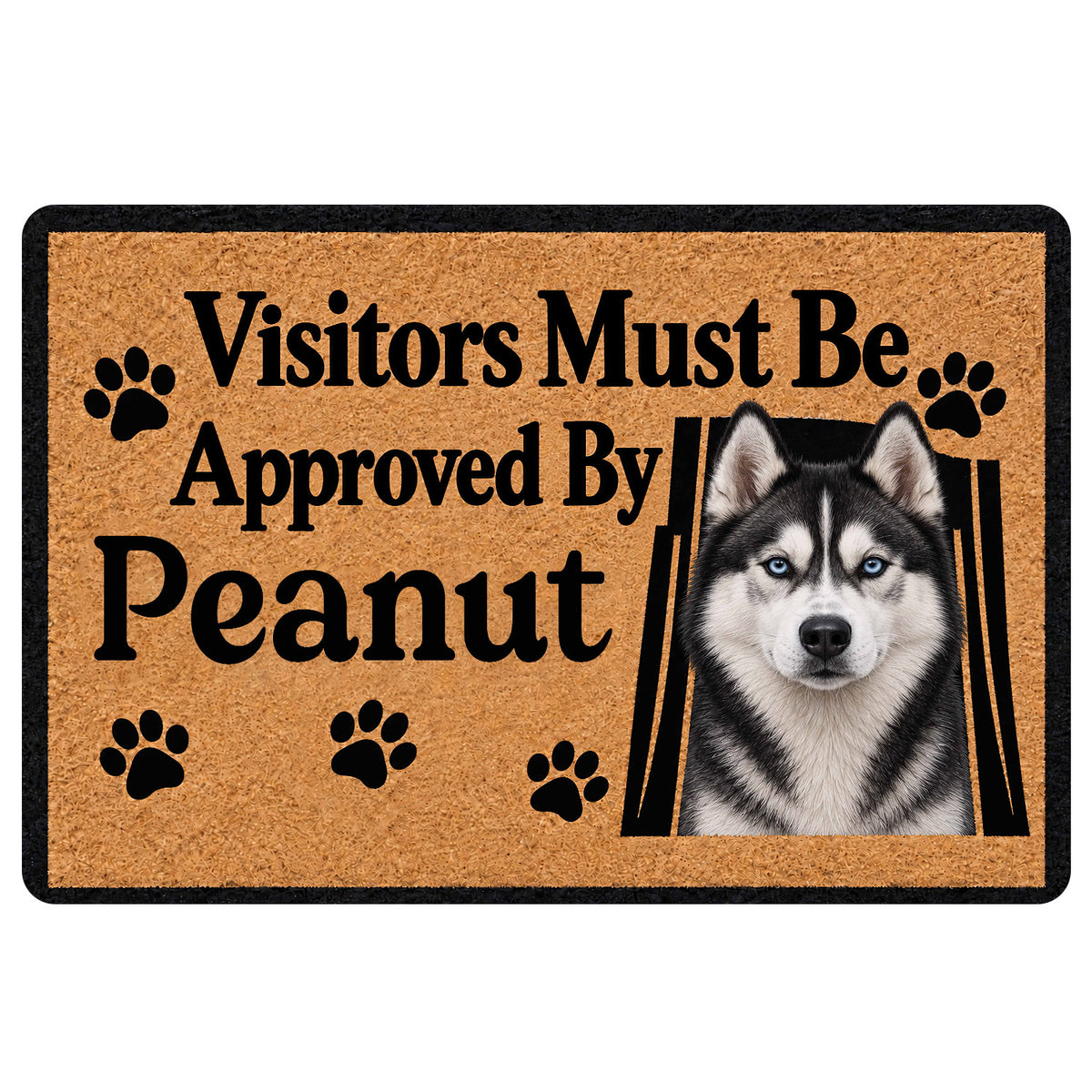 Husky doormat with blue-eyed dog portrait, paw prints and bold black entryway lettering