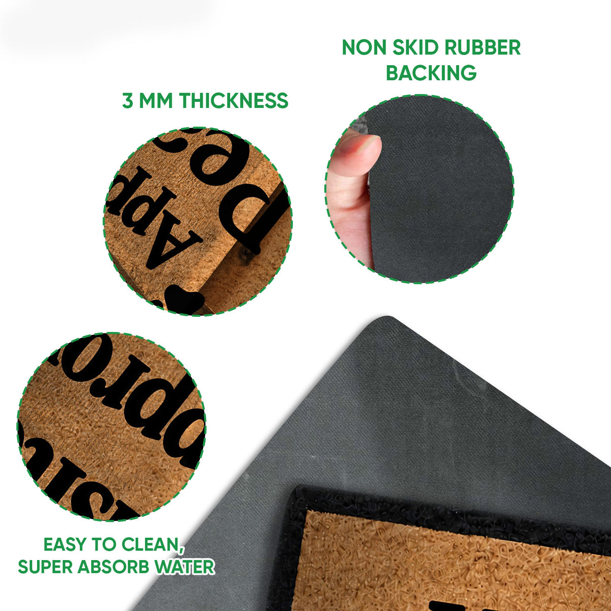 Husky doormat detail showing the printed felt surface, black backing and rounded edge