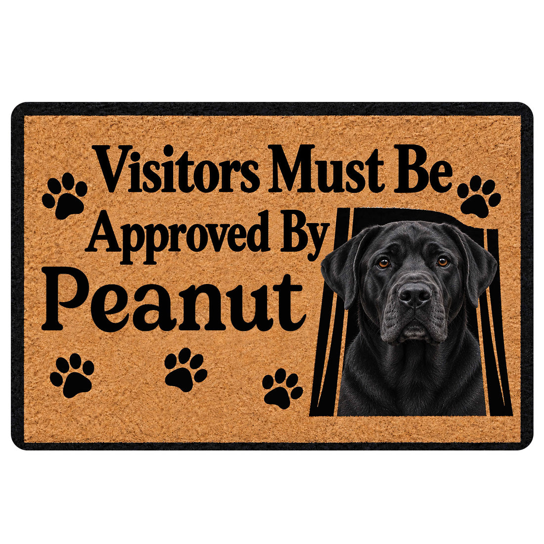 Labrador Retriever doormat with paw prints, black dog portrait, and playful entryway message
