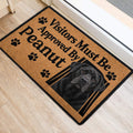 Black Labrador Retriever entryway mat with paw prints and bold welcome-style lettering