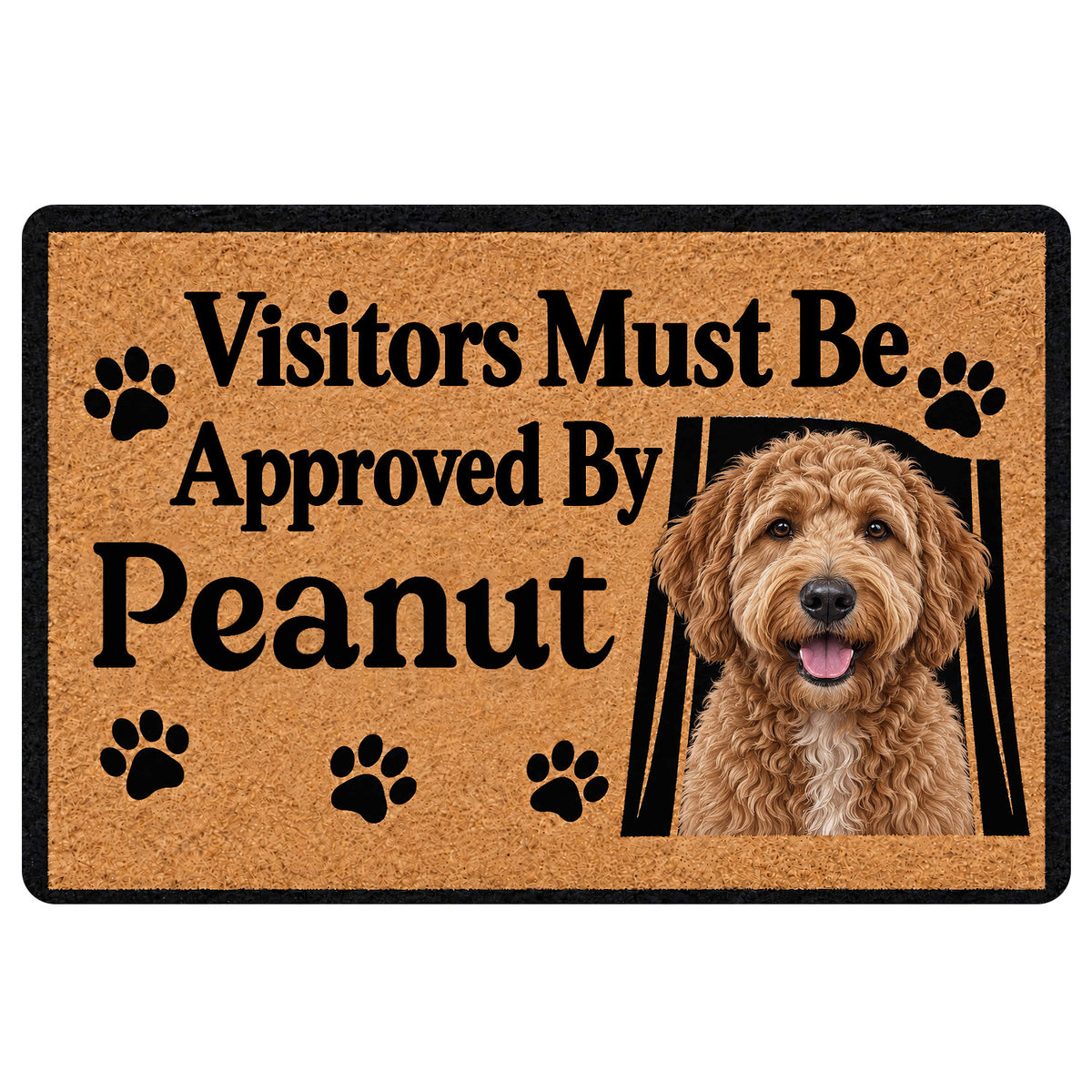 Goldendoodle doormat with a curly dog portrait, paw prints, and playful visitor message in tan and black