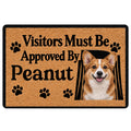 Corgi doormat with a smiling corgi portrait, paw prints, warm tan background and playful welcome message