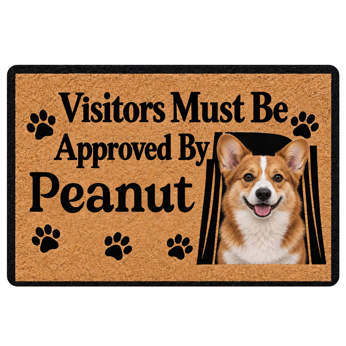Corgi doormat with a smiling corgi portrait, paw prints, warm tan background and playful welcome message