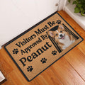 Corgi entryway doormat displayed on a wood floor beside a white door with a smiling dog portrait