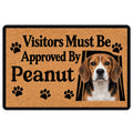 Beagle doormat with a realistic dog portrait, paw prints, and a playful welcome message