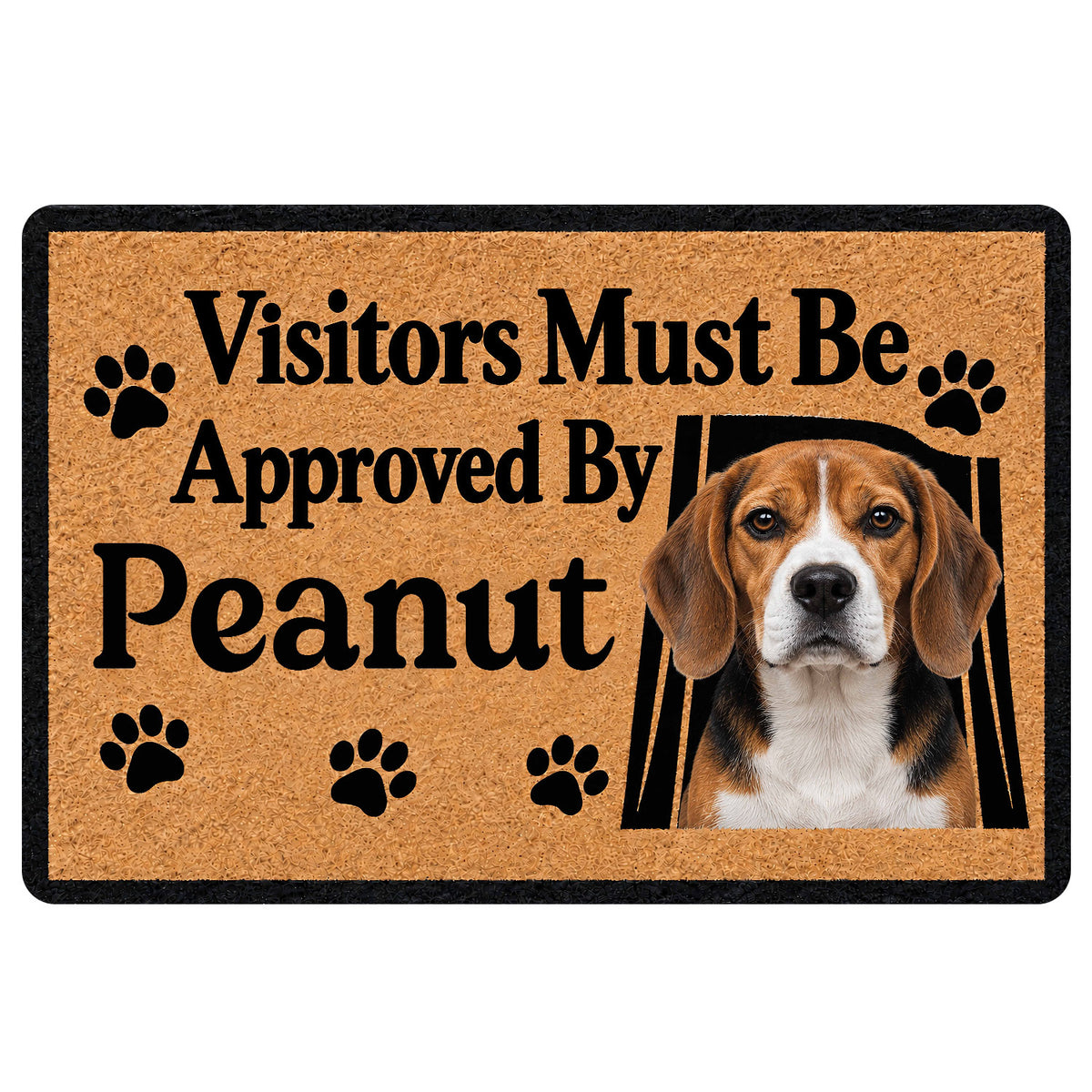 Beagle doormat with a realistic dog portrait, paw prints, and a playful welcome message