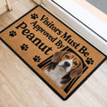 Beagle welcome mat styled at an indoor doorway with paw prints and a dog portrait