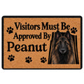 Belgian Shepherd doormat with a black-and-tan dog portrait, paw prints and a playful visitor approval message