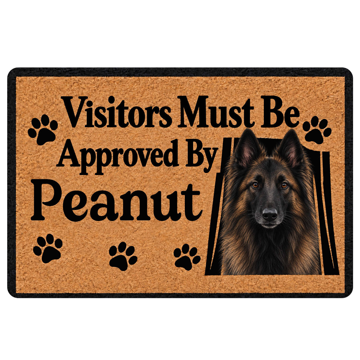 Belgian Shepherd doormat with a black-and-tan dog portrait, paw prints and a playful visitor approval message