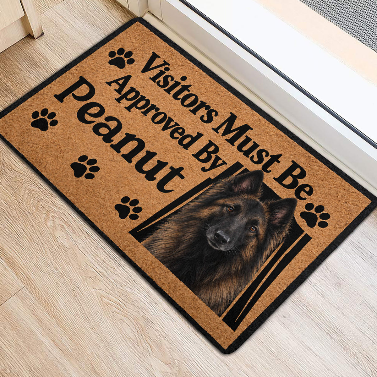 Belgian Shepherd door mat positioned at an entrance, featuring a shepherd portrait, paw prints and bold black lettering