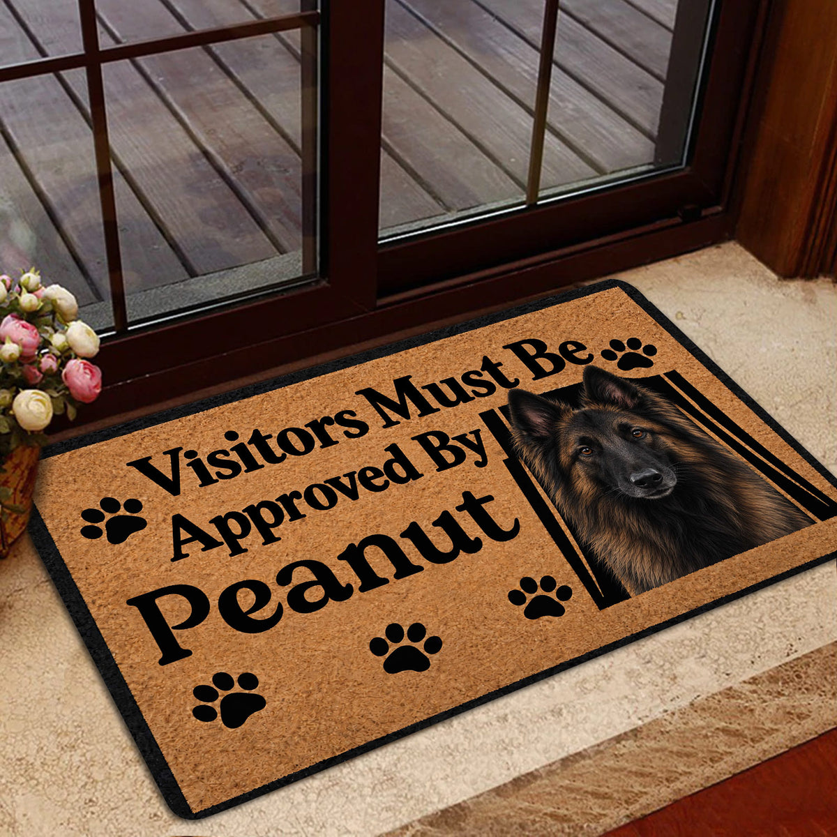 Belgian Shepherd doormat styled inside a glass doorway with a dog portrait and playful welcome message