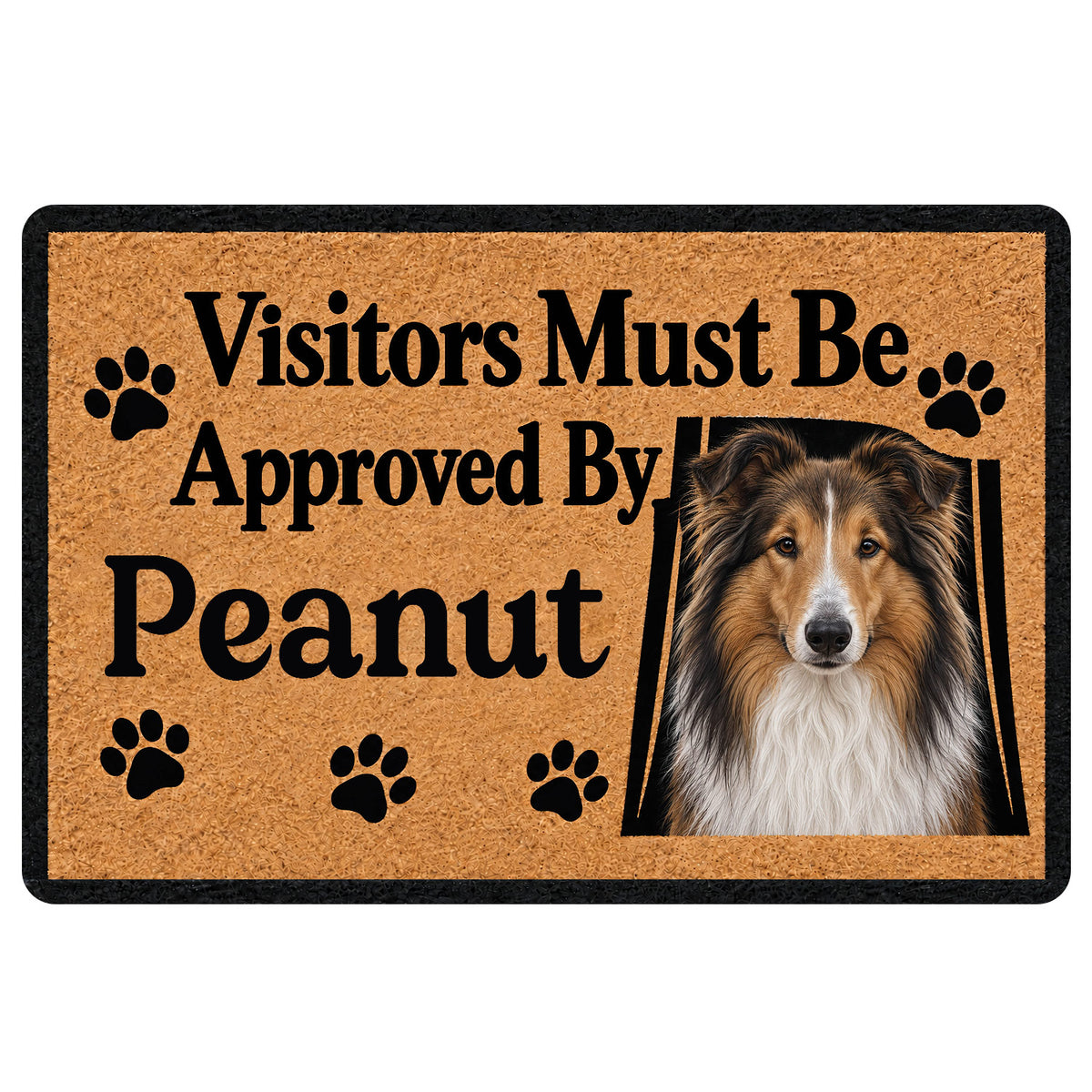 Rough Collie doormat with a portrait, paw prints, and a bold visitor welcome message