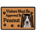 Bull Terrier doormat with paw prints, bold visitor approval message, and a tan and black dog portrait