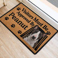Bull Terrier door mat placed by an entrance, featuring bold lettering, paw prints, and a dog portrait