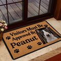 Bull Terrier doormat styled inside a glass doorway with tan artwork, black lettering, and paw prints