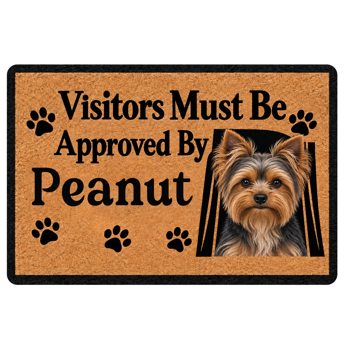 Tan Yorkie doormat with black paw prints, a bold welcome message, and Yorkshire Terrier portrait