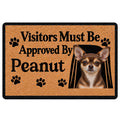Chihuahua doormat with paw prints, warm tan background, portrait artwork and humorous visitor message