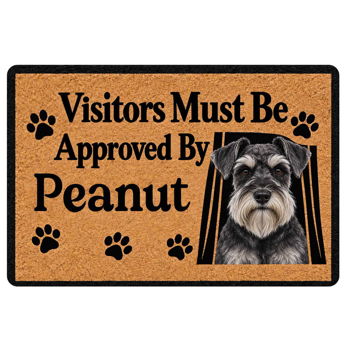 Miniature Schnauzer doormat with a black-and-tan design, paw prints, and a playful visitor approval message