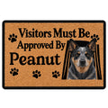 Australian Cattle Dog doormat with bold black visitor message, tan background, paw prints, and portrait artwork
