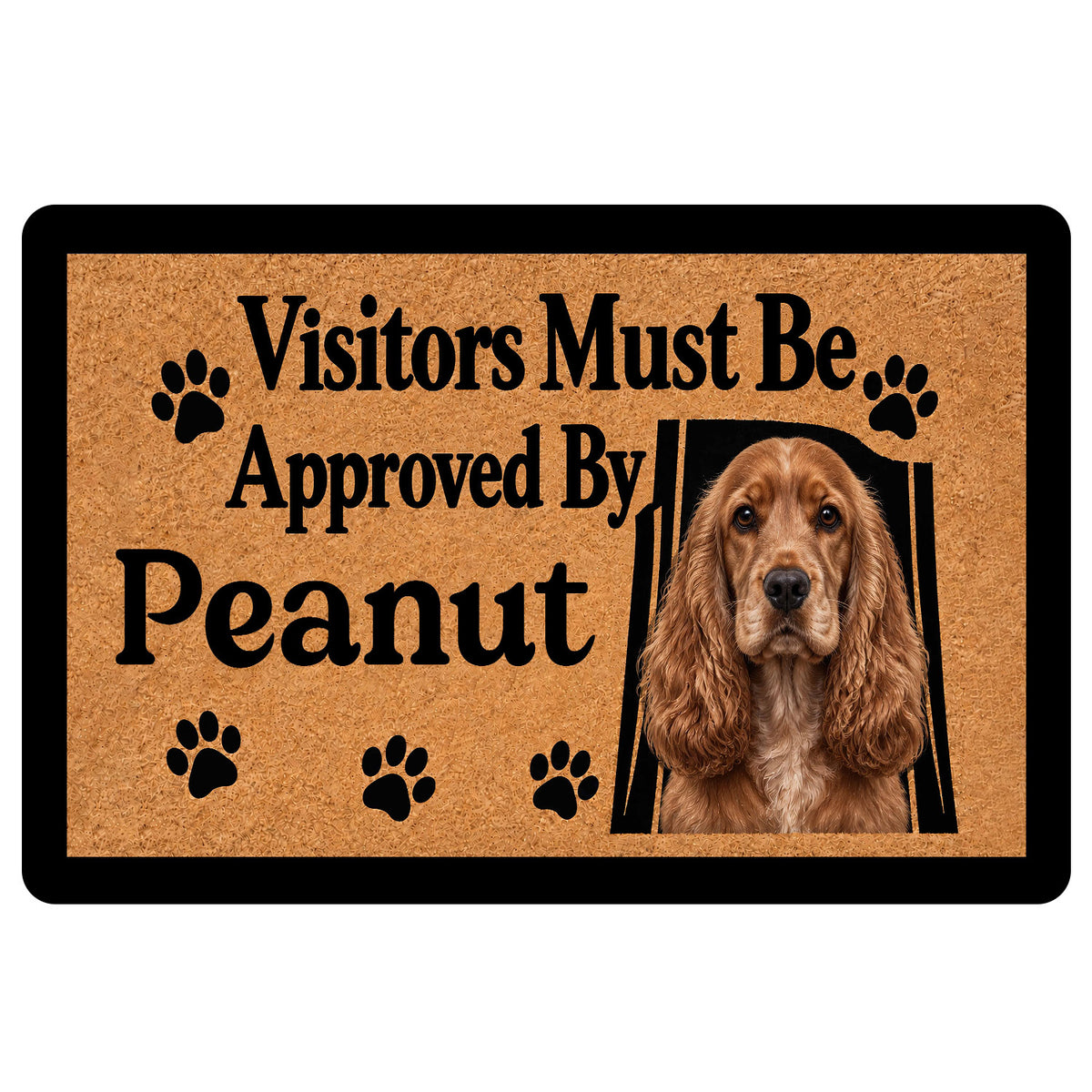 English Cocker Spaniel doormat with a warm brown portrait, paw prints and welcoming entryway message