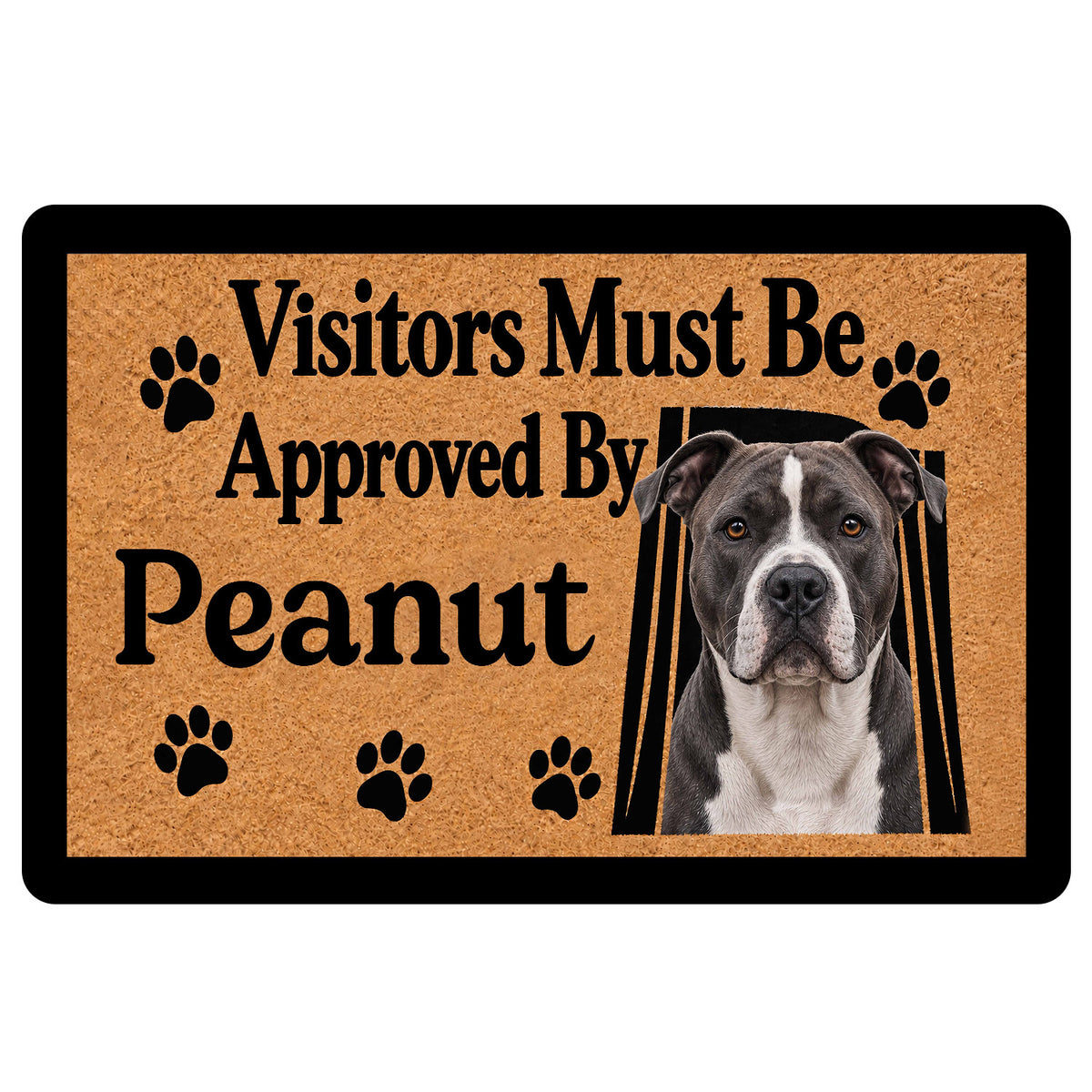 American Staffordshire doormat with a realistic dog portrait, paw prints, and bold black lettering on a tan design