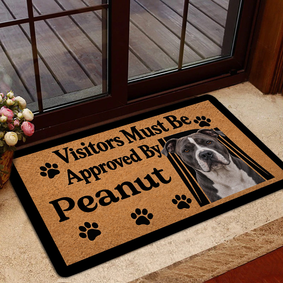 American Staffordshire entryway rug displayed beside a glass door in a welcoming home entrance