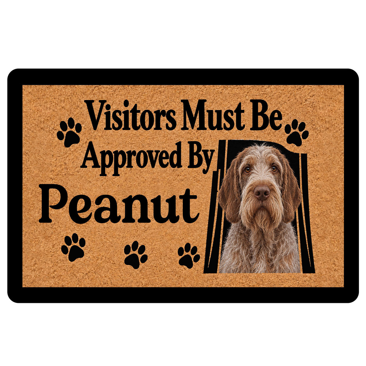 Spinone Italiano dog doormat with paw prints and a playful visitor approval design