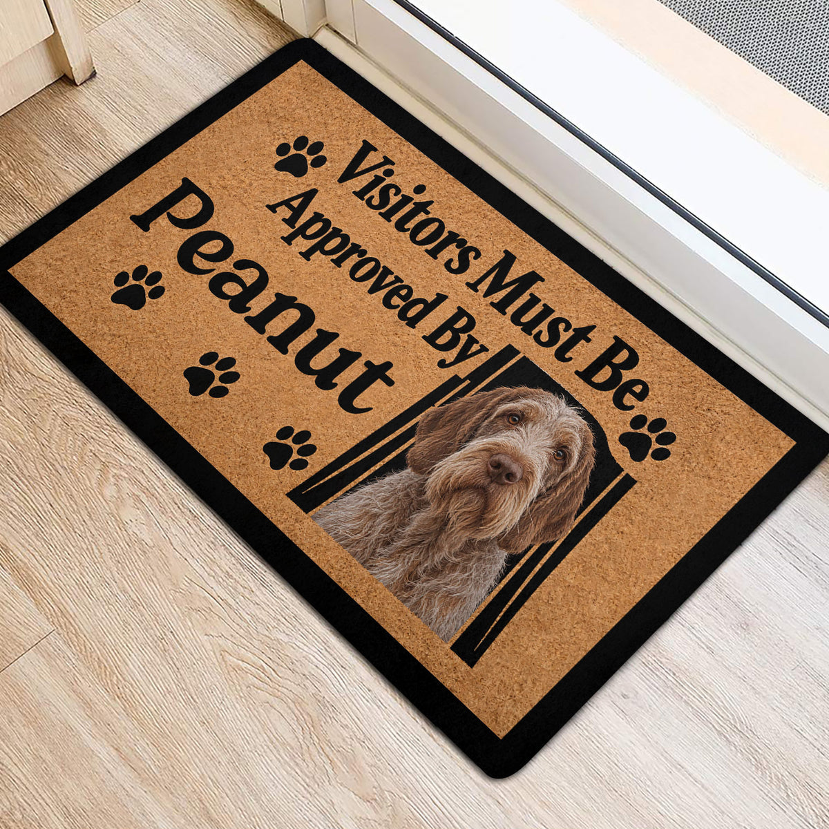 Spinone Italiano dog entryway mat positioned beside a doorway on light flooring