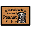 Dalmatian doormat with a spotted dog portrait, paw prints, and a playful visitor welcome message