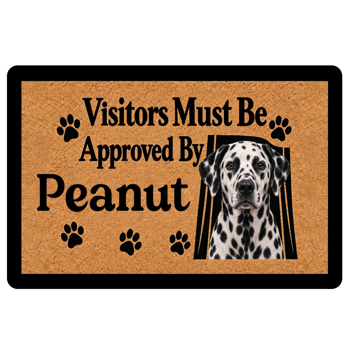 Dalmatian doormat with a spotted dog portrait, paw prints, and a playful visitor welcome message