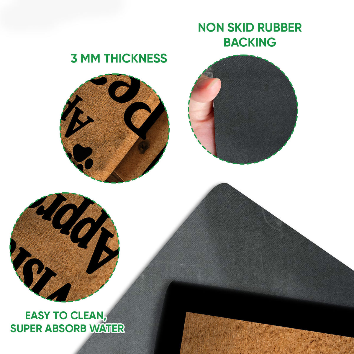 Dalmatian doormat feature view showing the textured top surface and dark rubber backing
