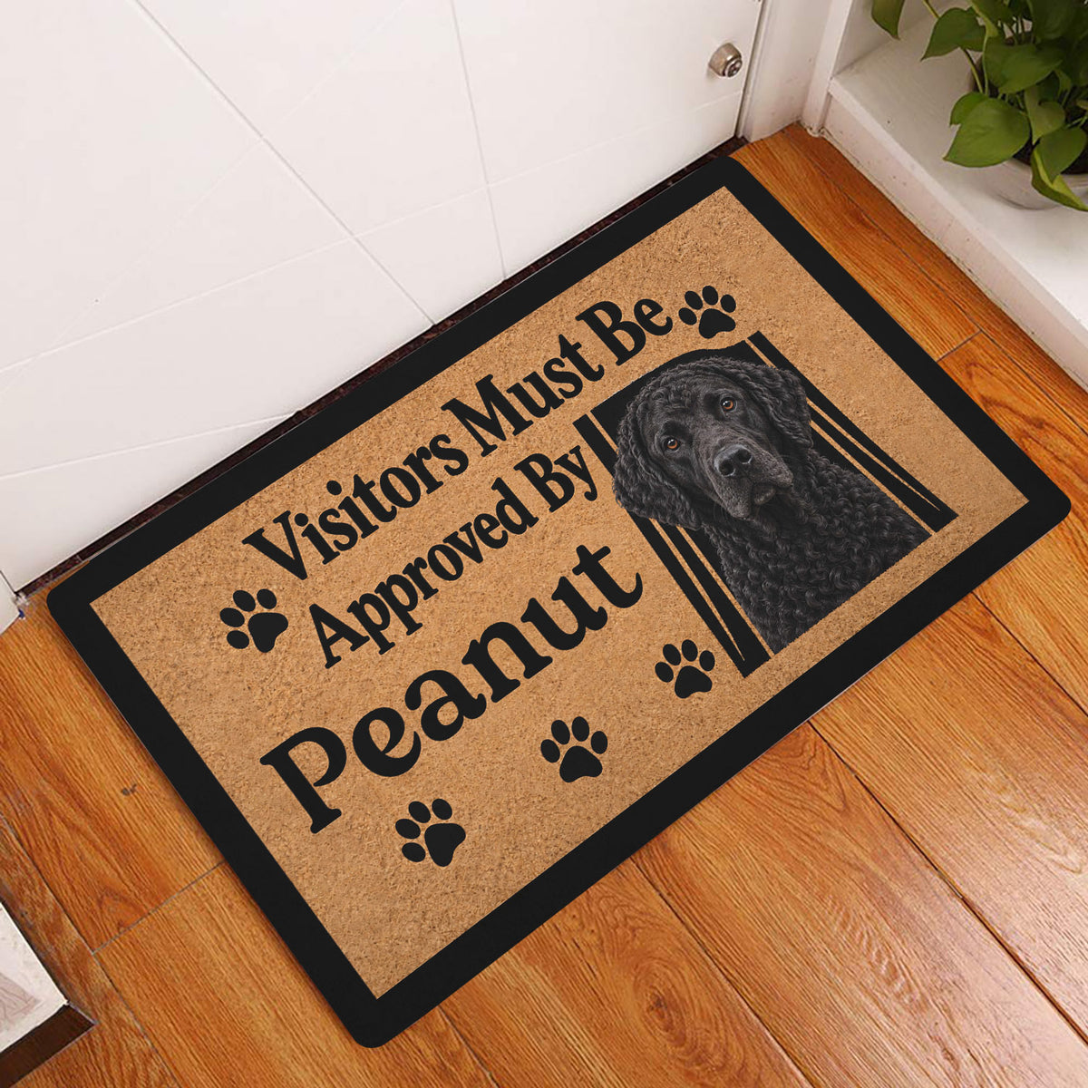 Curly Coated Retriever doormat displayed in an indoor entryway beside a white door