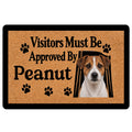 Jack Russell doormat with a brown and white terrier portrait, paw prints, and humorous visitor approval design