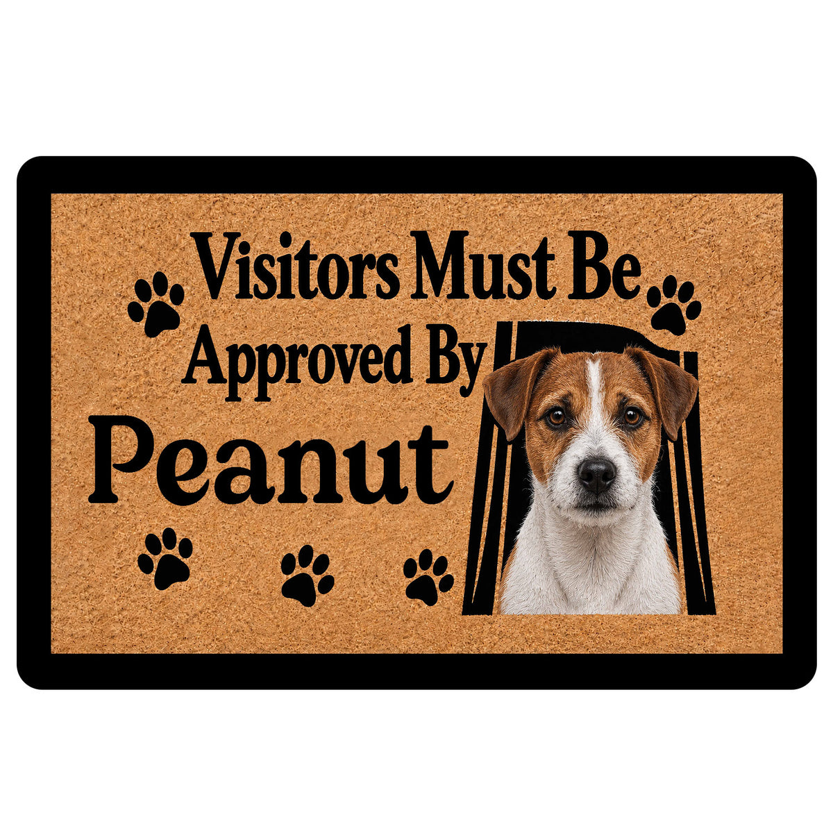Jack Russell doormat with a brown and white terrier portrait, paw prints, and humorous visitor approval design