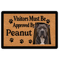 Pitbull doormat with paw prints, tan textured background, bold visitor approval message, and realistic dog portrait