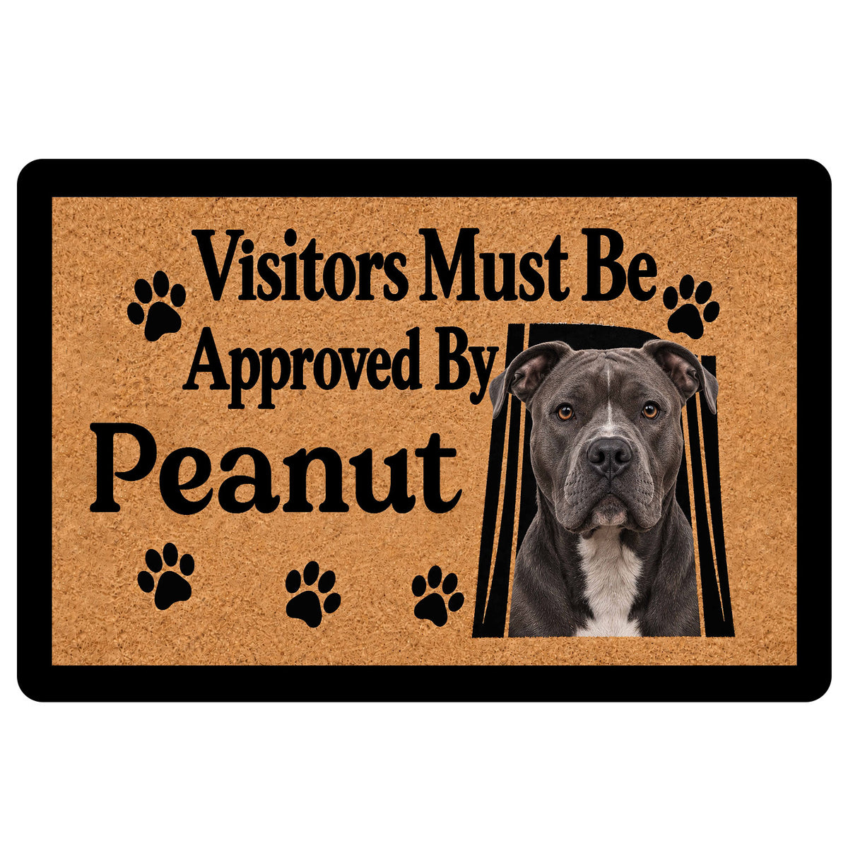 Pitbull doormat with paw prints, tan textured background, bold visitor approval message, and realistic dog portrait
