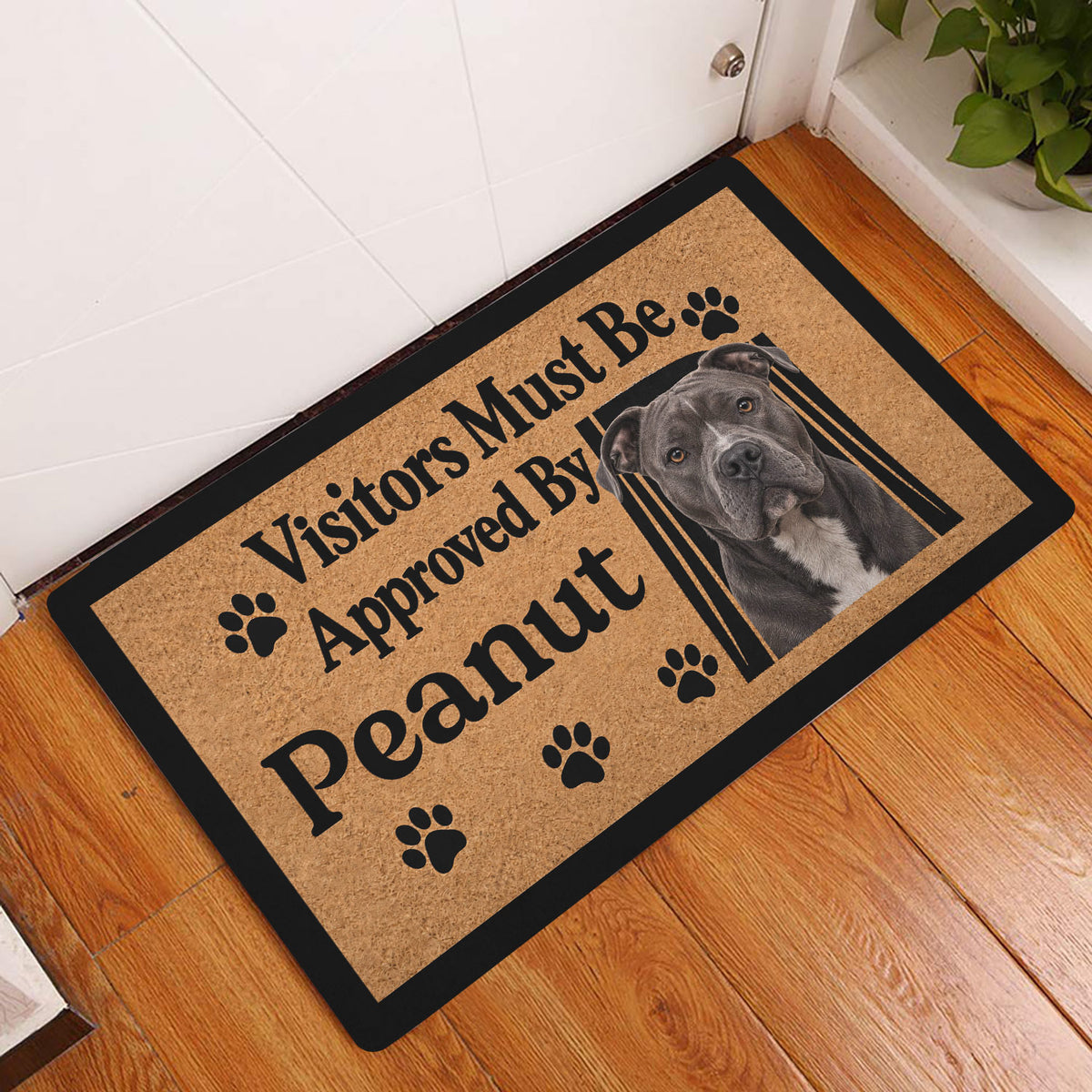 Pitbull entryway doormat displayed on a hardwood floor beside a white door with a realistic dog portrait