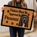 Person holding a pitbull doormat with bold visitor approval lettering, paw prints, and a realistic dog portrait