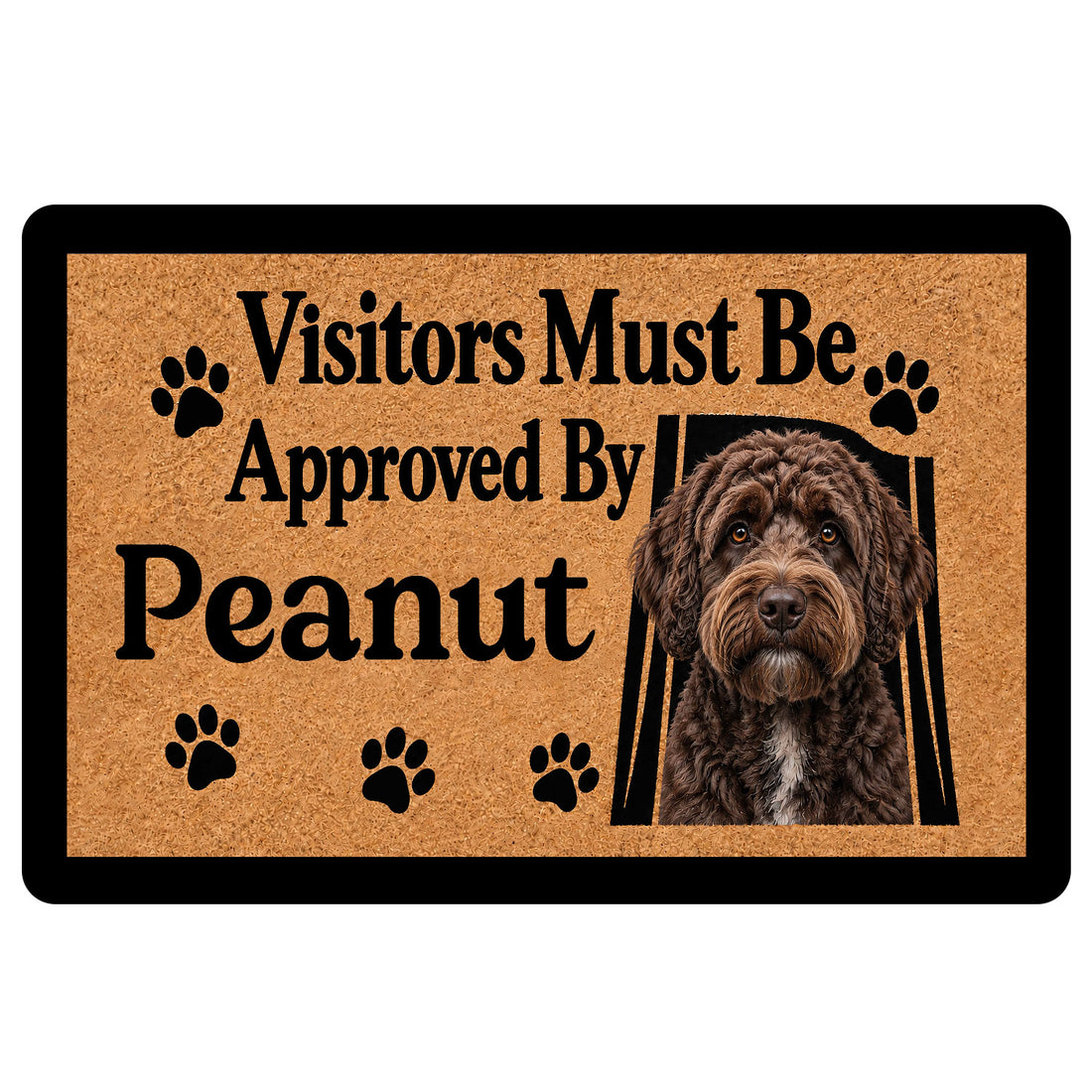 Labradoodle doormat with a curly-coated dog portrait, paw prints, and bold black lettering on a tan background