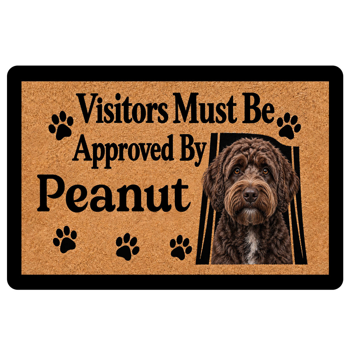 Labradoodle doormat with a curly-coated dog portrait, paw prints, and bold black lettering on a tan background
