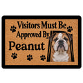 English Bulldog doormat with paw prints, warm brown background, black border and welcoming entryway artwork